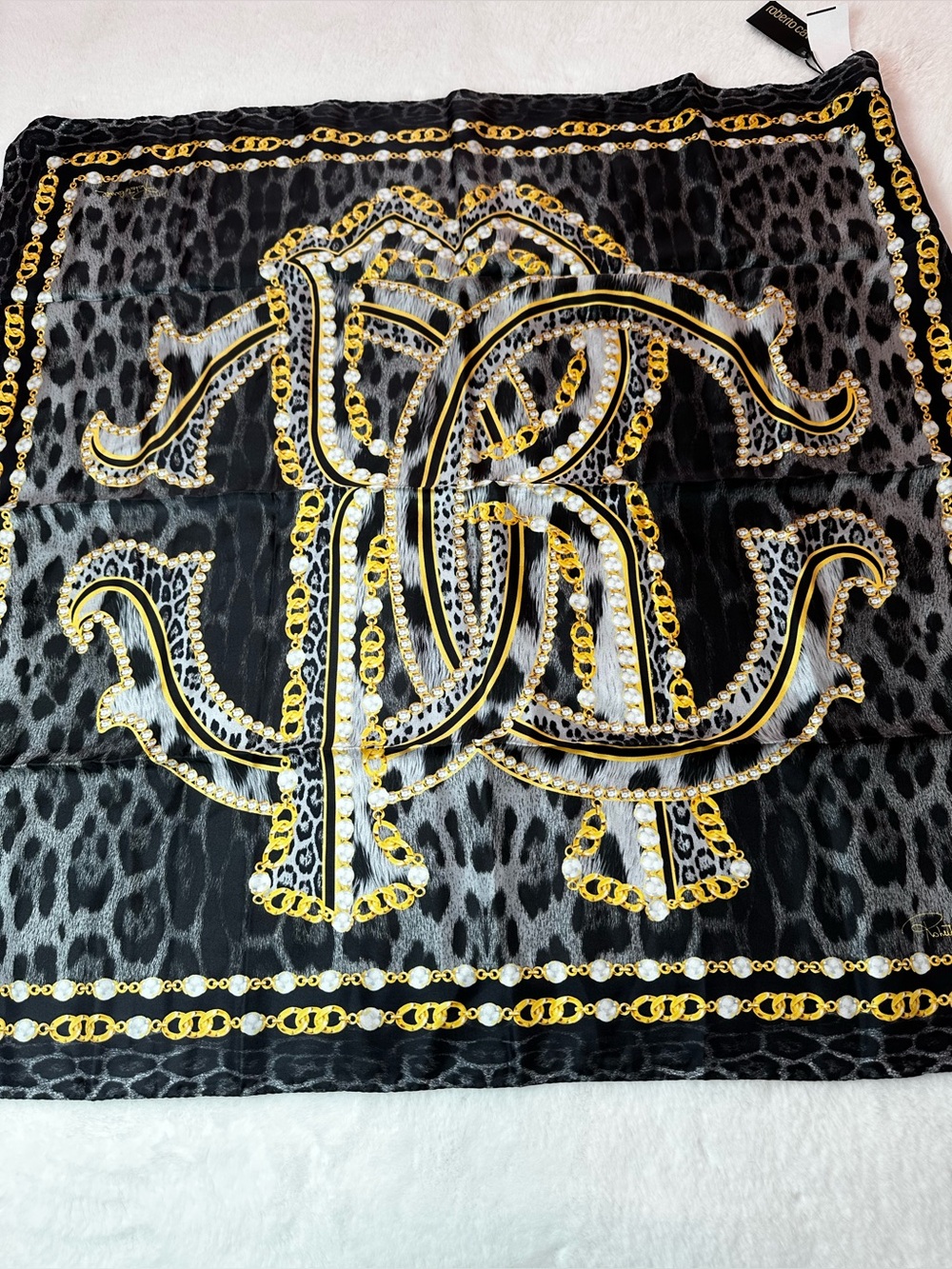 Roberto Cavalli Black and Gold Leopard Motif Silk Scarf